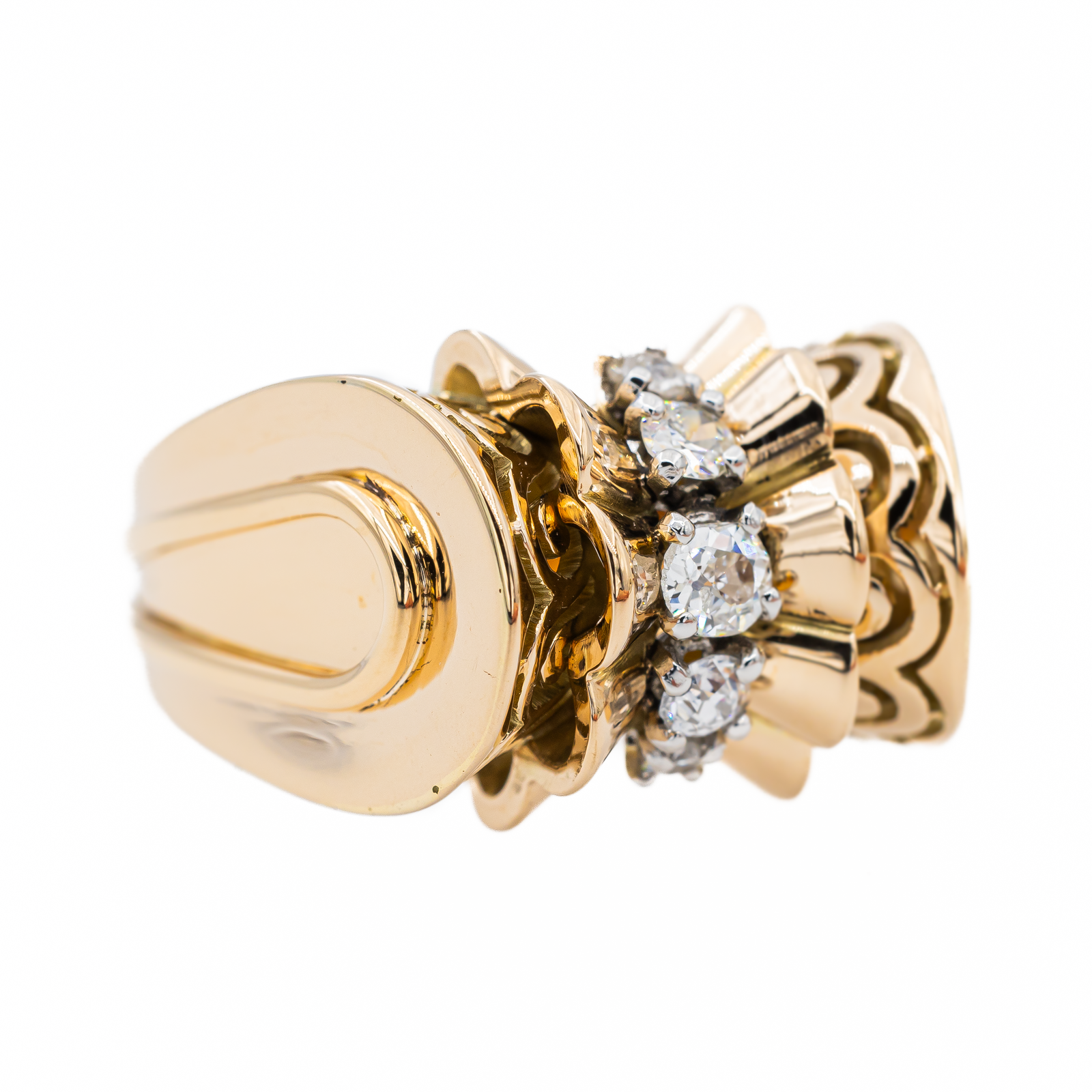 Bague Tank en or rose et platine avec diamants taille ancienne